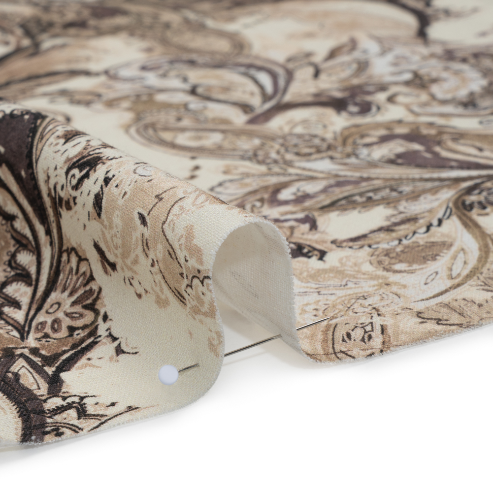 Linen and Rayon Woven - Brown, Beige and Cream Leafy Paisley Sketches - Mood Exclusive Daydream Doodles Print