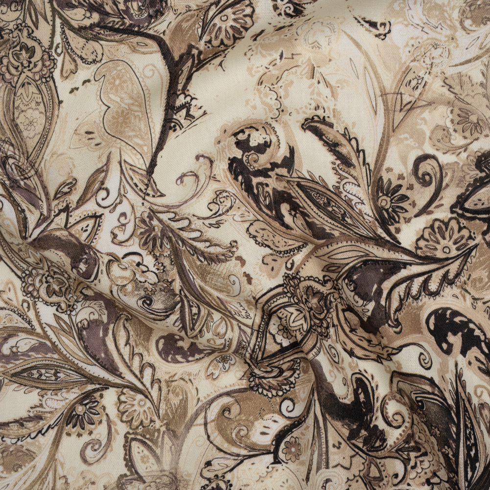 Linen and Rayon Woven – Brown, Beige and Cream Leafy Paisley Sketches – Mood Exclusive Daydream Doodles Print Linen and Rayon Woven – Brown, Beige and Cream Leafy Paisley Sketches – Mood Exclusive Daydream Doodles Print