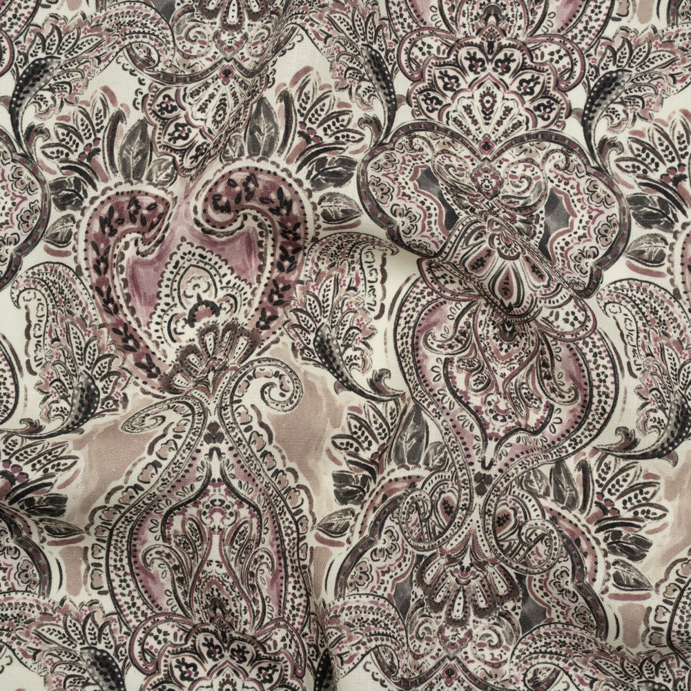 Linen and Rayon Woven – Dark Gray, Beige and Dusty Pink Ornate Paisley and Floral – Mood Exclusive Boheme Blooms Print Linen and Rayon Woven – Dark Gray, Beige and Dusty Pink Ornate Paisley and Floral – Mood Exclusive Boheme Blooms Print