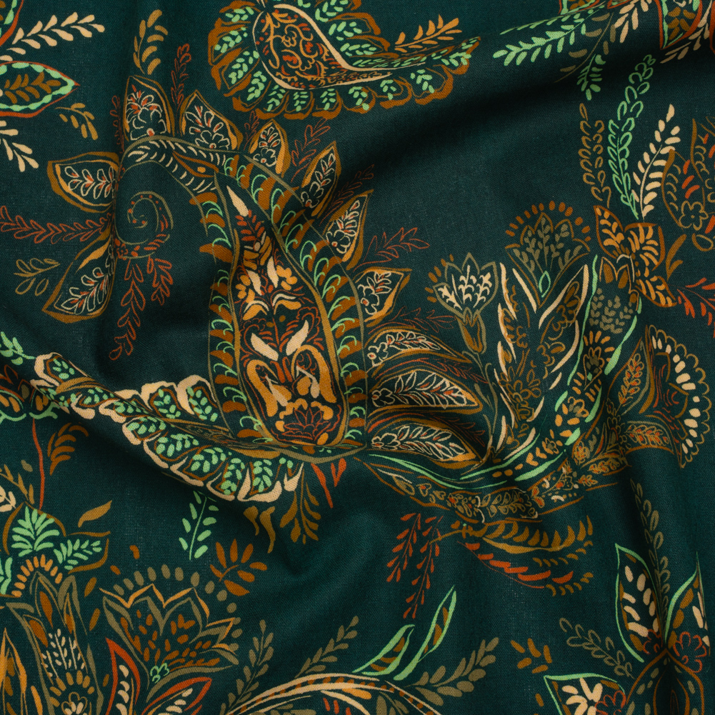 Linen and Rayon Woven – Dark Green, Olive and Burn Orange Paisley Floral – Mood Exclusive Lush Labyrinth Print Linen and Rayon Woven – Dark Green, Olive and Burn Orange Paisley Floral – Mood Exclusive Lush Labyrinth Print