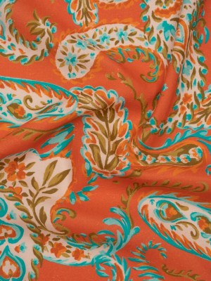 Linen and Rayon Woven – Coral Orange, Turquoise and Olive Green Paisley – Mood Exclusive Fiery Reverie Print Linen and Rayon Woven – Coral Orange, Turquoise and Olive Green Paisley – Mood Exclusive Fiery Reverie Print