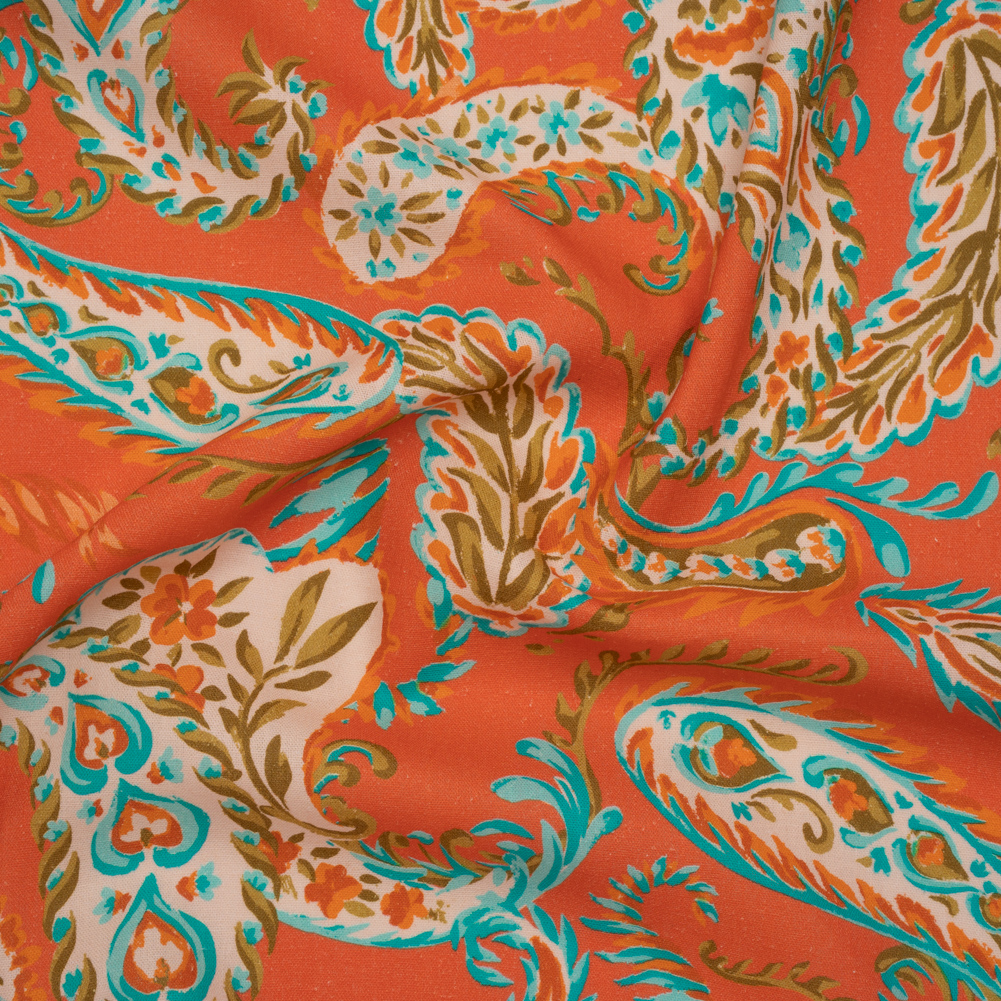 Linen and Rayon Woven – Coral Orange, Turquoise and Olive Green Paisley – Mood Exclusive Fiery Reverie Print Linen and Rayon Woven – Coral Orange, Turquoise and Olive Green Paisley – Mood Exclusive Fiery Reverie Print