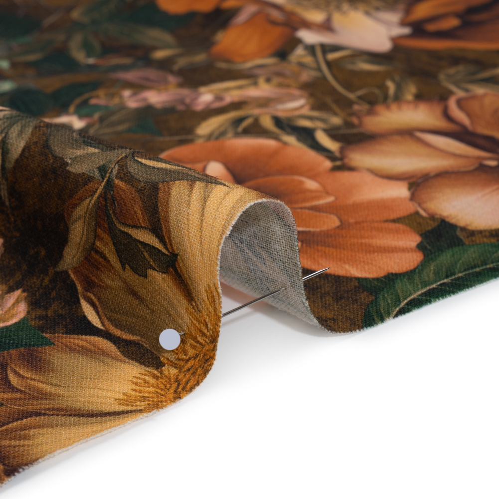 Linen and Rayon Woven – Orange, Dark Green and Brown Lush Floral – Mood Exclusive Camouflora Print Linen and Rayon Woven – Orange, Dark Green and Brown Lush Floral – Mood Exclusive Camouflora Print