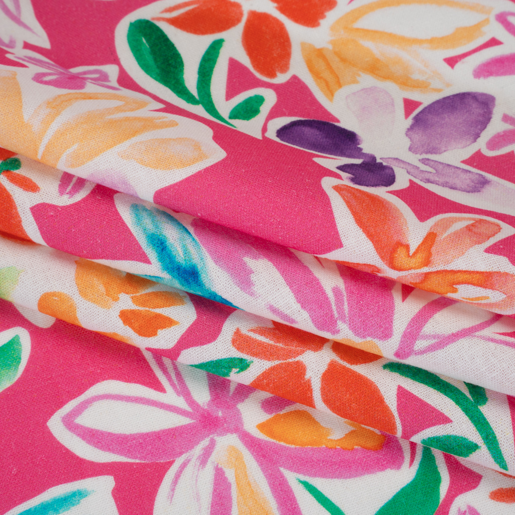 Linen and Rayon Woven – Hot Pink, Purple and Orange Flower Sketches – Mood Exclusive Penpal Petals Print Linen and Rayon Woven – Hot Pink, Purple and Orange Flower Sketches – Mood Exclusive Penpal Petals Print