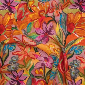 Linen and Rayon Woven – Purple, Orange and Green Painterly Flower Jungle – Mood Exclusive Jungle Jubilee Print Linen and Rayon Woven – Purple, Orange and Green Painterly Flower Jungle – Mood Exclusive Jungle Jubilee Print