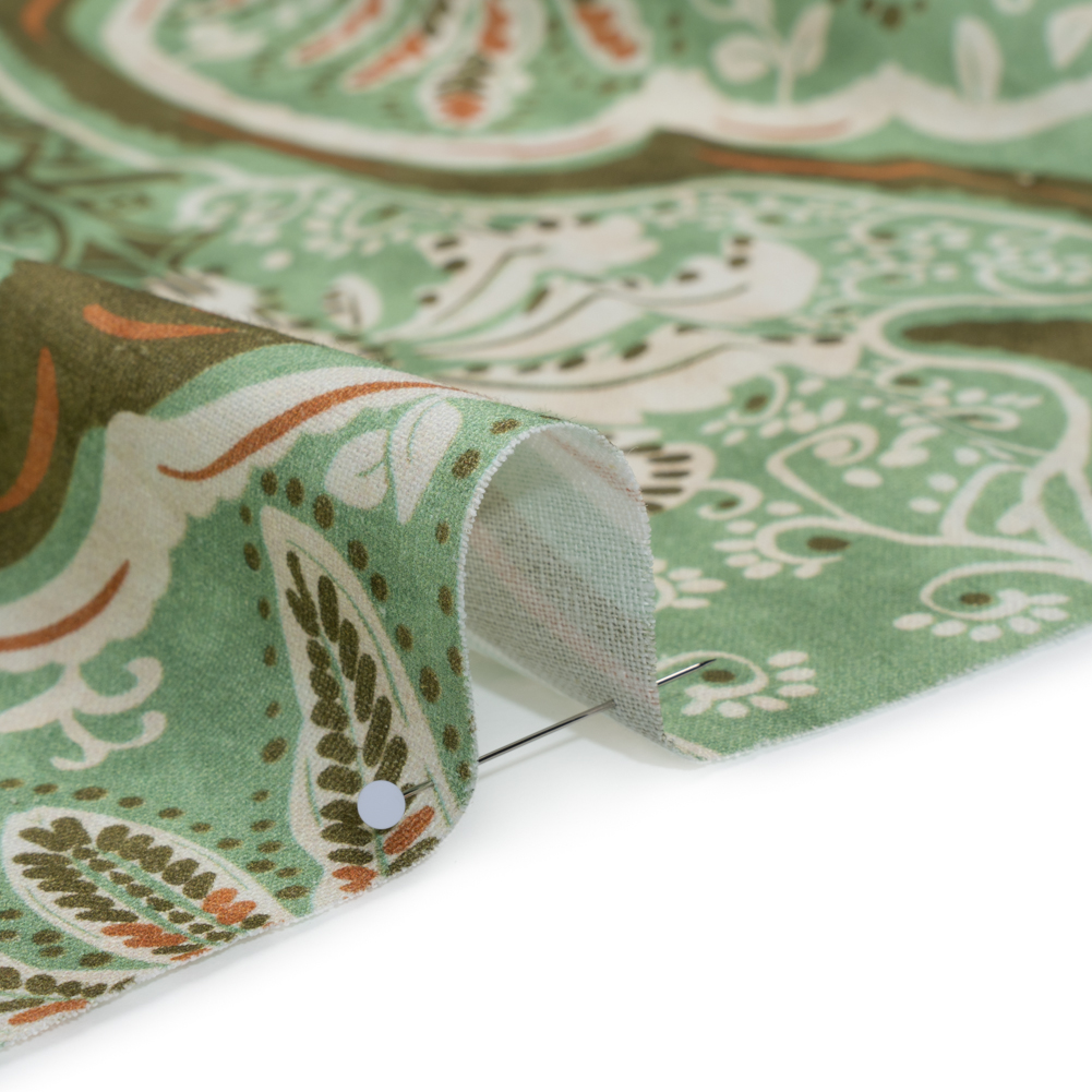 Linen and Rayon Woven – Seafoam, Olive and Burnt Orange Fanciful Palm Ogees – Mood Exclusive Frond Flow Print Linen and Rayon Woven – Seafoam, Olive and Burnt Orange Fanciful Palm Ogees – Mood Exclusive Frond Flow Print