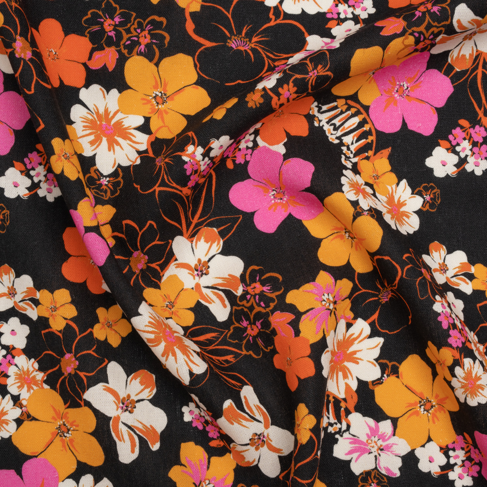 Linen and Rayon Woven - Orange, Hot Pink and Black Floral - Mood Exclusive Hot Tropic Print
