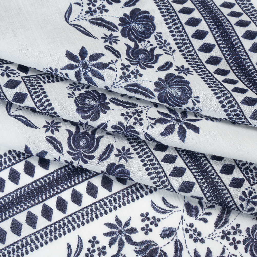 Crinkled Cotton Gauzy Woven – White and Navy Blue Floral Embroidery Squares – Mood Exclusive Porcelain Petals Print Crinkled Cotton Gauzy Woven – White and Navy Blue Floral Embroidery Squares – Mood Exclusive Porcelain Petals Print