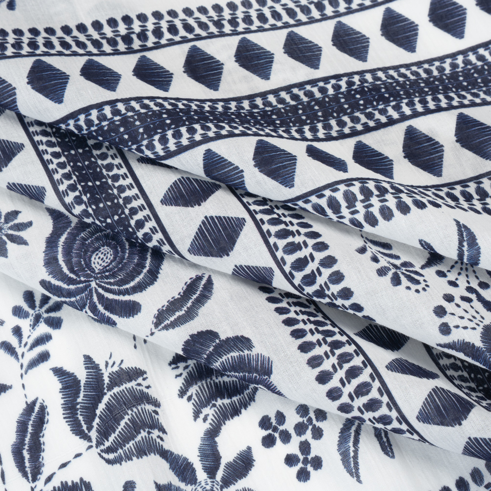 Crinkled Cotton Gauzy Woven Panel – White and Navy Blue Big Floral Embroidery Squares – Mood Exclusive Porcelain Petals Print Crinkled Cotton Gauzy Woven Panel – White and Navy Blue Big Floral Embroidery Squares – Mood Exclusive Porcelain Petals Print