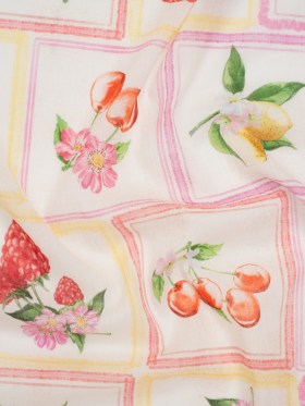 Crinkled Cotton Gauzy Woven – Pink, Yellow and Red Fruit and Blossoms Squares – Mood Exclusive Summer Medley Print Crinkled Cotton Gauzy Woven – Pink, Yellow and Red Fruit and Blossoms Squares – Mood Exclusive Summer Medley Print