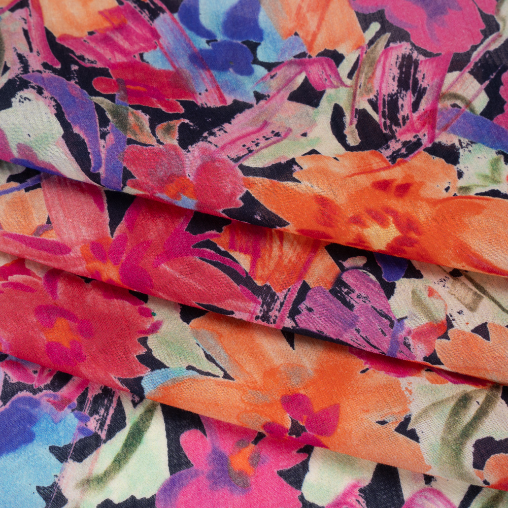 Crinkled Cotton Gauzy Woven – Hot Pink, Ultramarine Blue and Orange Floral – Mood Exclusive Electric Garden Print Crinkled Cotton Gauzy Woven – Hot Pink, Ultramarine Blue and Orange Floral – Mood Exclusive Electric Garden Print