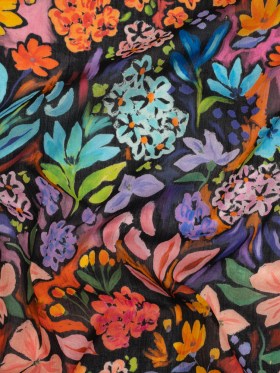 Crinkled Cotton Gauzy Woven – Orange, Green and Purple Painterly Floral – Mood Exclusive Picture Book Petals Print Crinkled Cotton Gauzy Woven – Orange, Green and Purple Painterly Floral – Mood Exclusive Picture Book Petals Print