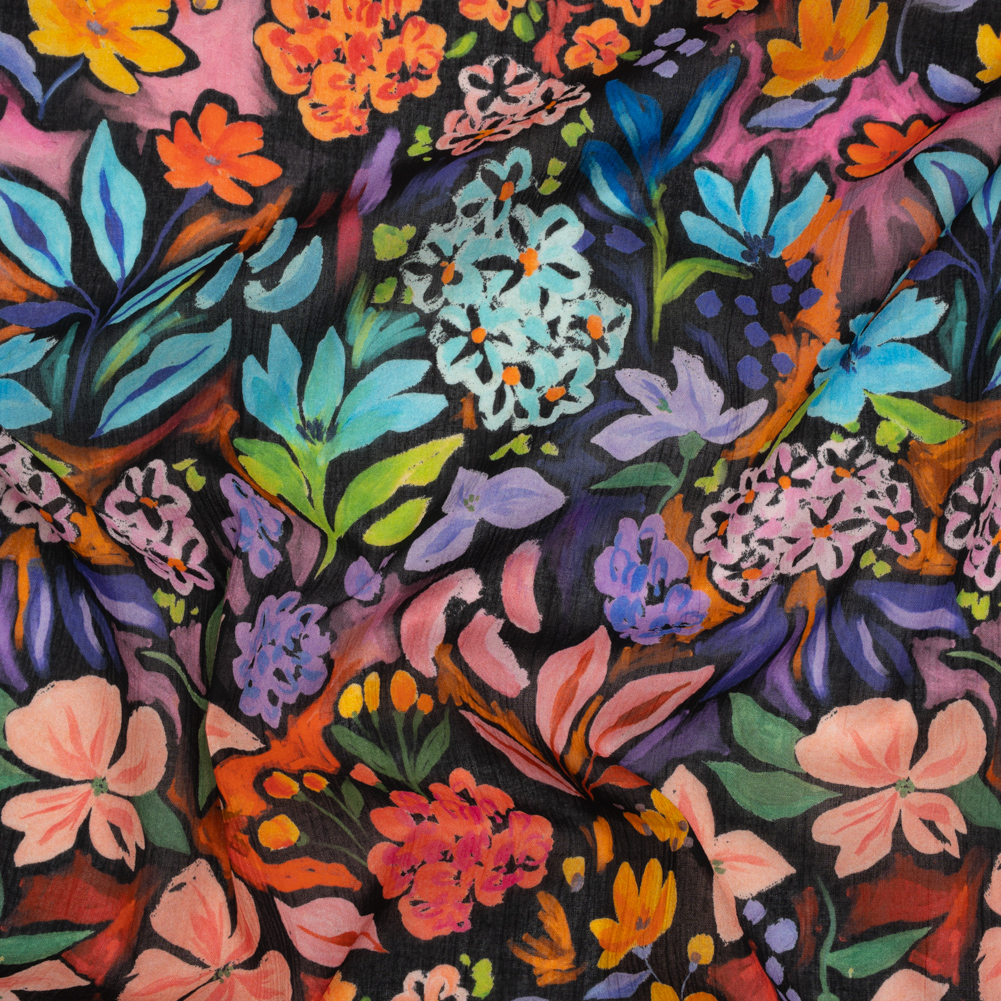 Crinkled Cotton Gauzy Woven – Orange, Green and Purple Painterly Floral – Mood Exclusive Picture Book Petals Print Crinkled Cotton Gauzy Woven – Orange, Green and Purple Painterly Floral – Mood Exclusive Picture Book Petals Print