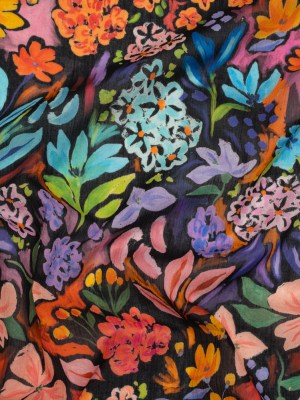 Crinkled Cotton Gauzy Woven – Orange, Green and Purple Painterly Floral – Mood Exclusive Picture Book Petals Print Crinkled Cotton Gauzy Woven – Orange, Green and Purple Painterly Floral – Mood Exclusive Picture Book Petals Print