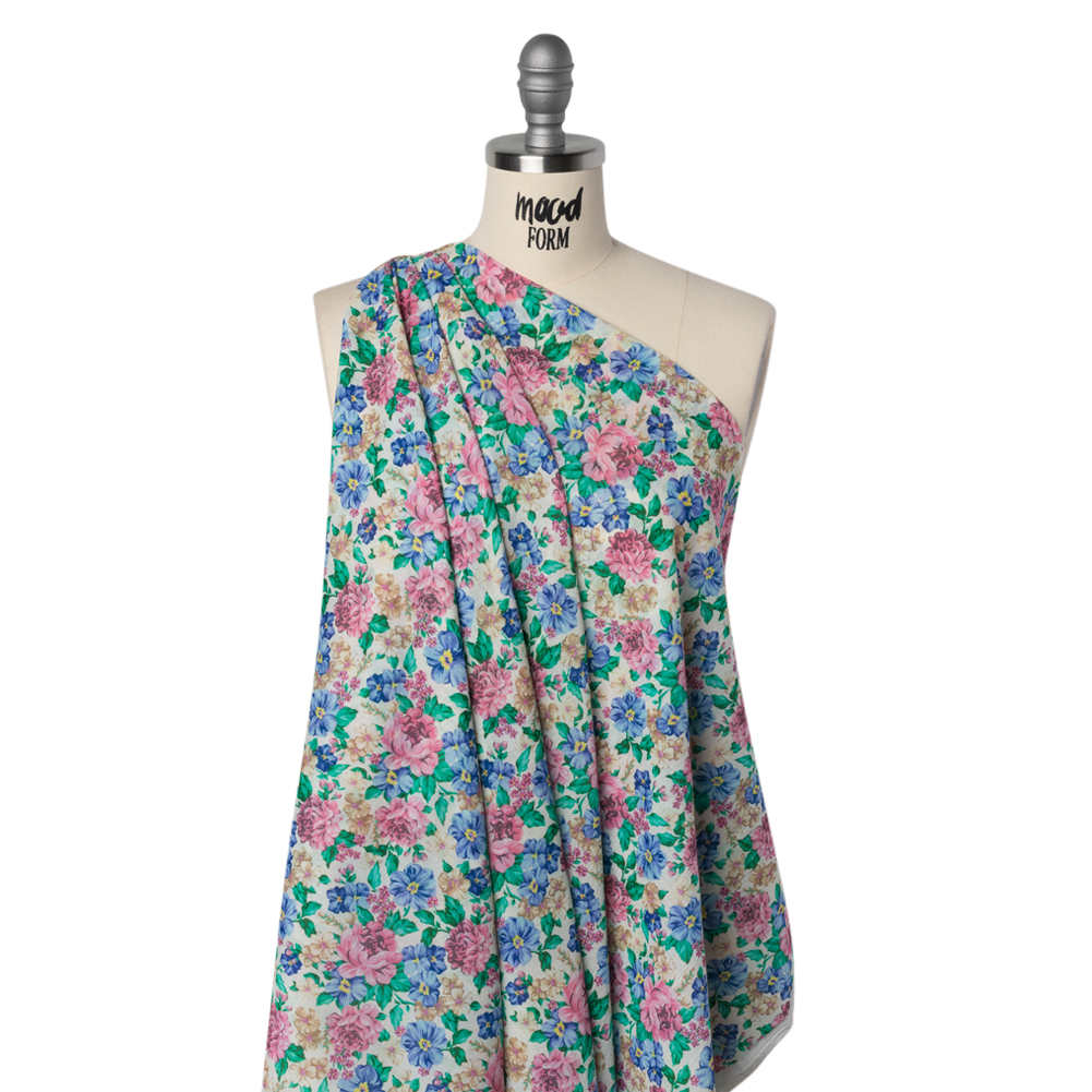 Crinkled Cotton Gauzy Woven – White, Pink and Blue Florals – Mood Exclusive Secret Garden Print Crinkled Cotton Gauzy Woven – White, Pink and Blue Florals – Mood Exclusive Secret Garden Print