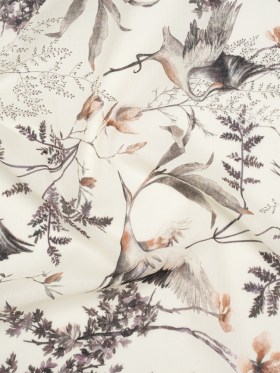 Crinkled Cotton Gauzy Woven – Russet, Aubergine and Black Cranes in the Branches – Mood Exclusive Winged Serenity Print Crinkled Cotton Gauzy Woven – Russet, Aubergine and Black Cranes in the Branches – Mood Exclusive Winged Serenity Print