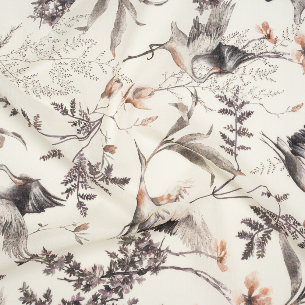 Crinkled Cotton Gauzy Woven – Russet, Aubergine and Black Cranes in the Branches – Mood Exclusive Winged Serenity Print Crinkled Cotton Gauzy Woven – Russet, Aubergine and Black Cranes in the Branches – Mood Exclusive Winged Serenity Print