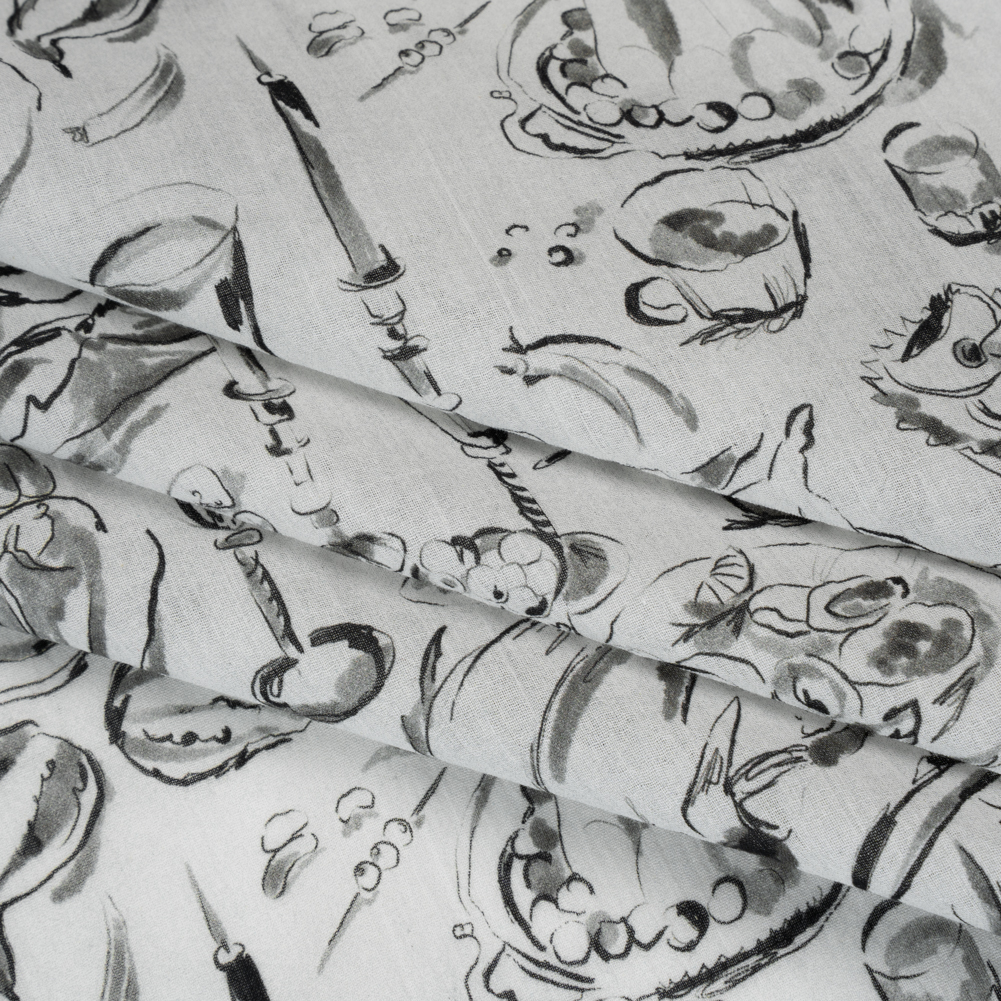 Crinkled Cotton Gauzy Woven – Black, White and Gray Food Sketches – Mood Exclusive Dinner Party Print Crinkled Cotton Gauzy Woven – Black, White and Gray Food Sketches – Mood Exclusive Dinner Party Print