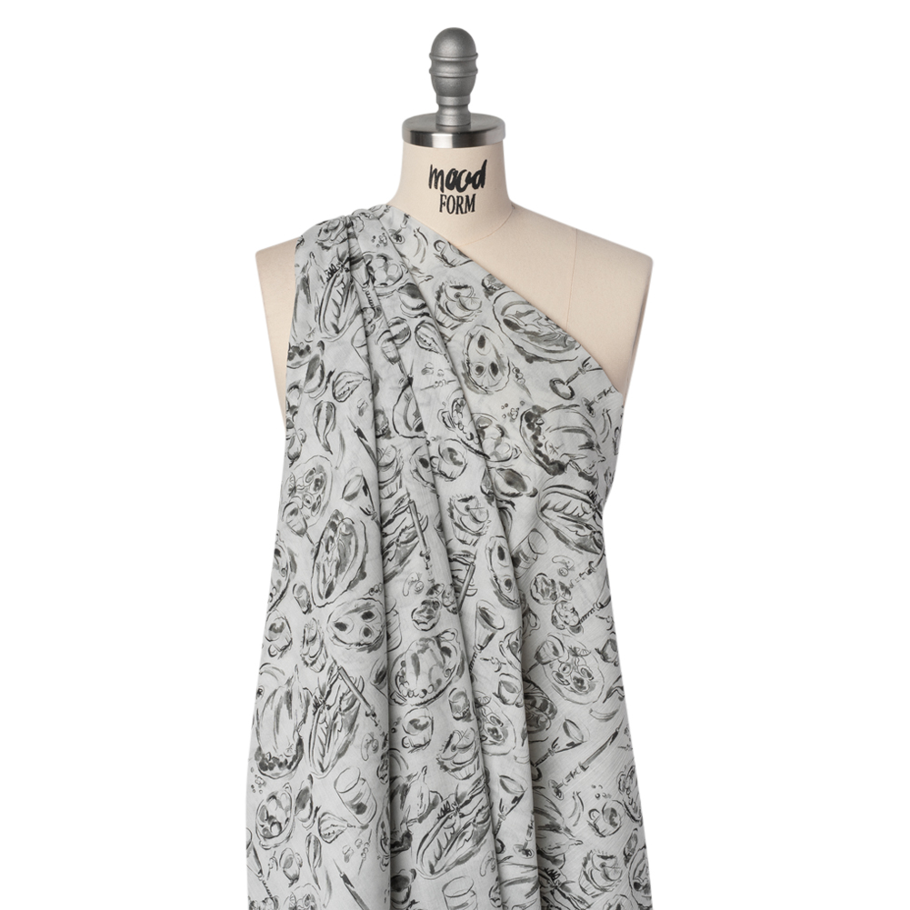 Crinkled Cotton Gauzy Woven – Black, White and Gray Food Sketches – Mood Exclusive Dinner Party Print Crinkled Cotton Gauzy Woven – Black, White and Gray Food Sketches – Mood Exclusive Dinner Party Print