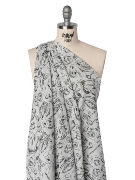 Crinkled Cotton Gauzy Woven – Black, White and Gray Food Sketches – Mood Exclusive Dinner Party Print Crinkled Cotton Gauzy Woven – Black, White and Gray Food Sketches – Mood Exclusive Dinner Party Print