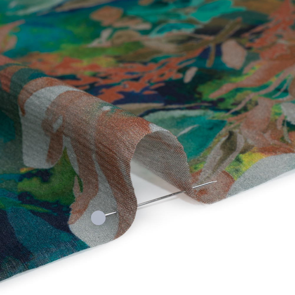 Crinkled Cotton Gauzy Woven – Teal, Tan and Blue Painterly Floral – Mood Exclusive Moonflower Mirage Print Crinkled Cotton Gauzy Woven – Teal, Tan and Blue Painterly Floral – Mood Exclusive Moonflower Mirage Print