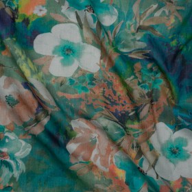 Crinkled Cotton Gauzy Woven – Teal, Tan and Blue Painterly Floral – Mood Exclusive Moonflower Mirage Print Crinkled Cotton Gauzy Woven – Teal, Tan and Blue Painterly Floral – Mood Exclusive Moonflower Mirage Print