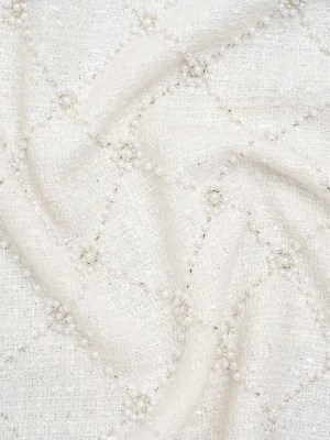 Embellished Polyester Tweed – White Tweed with Pearl and Silver Beaded Diamond Flower Lattice Embellished Polyester Tweed – White Tweed with Pearl and Silver Beaded Diamond Flower Lattice