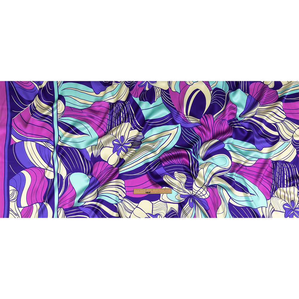 Mood Exclusive Italian Sky Blue, Frozen Dew and Iris Orchid Art Nouveau Flowers Border Print Silk Charmeuse