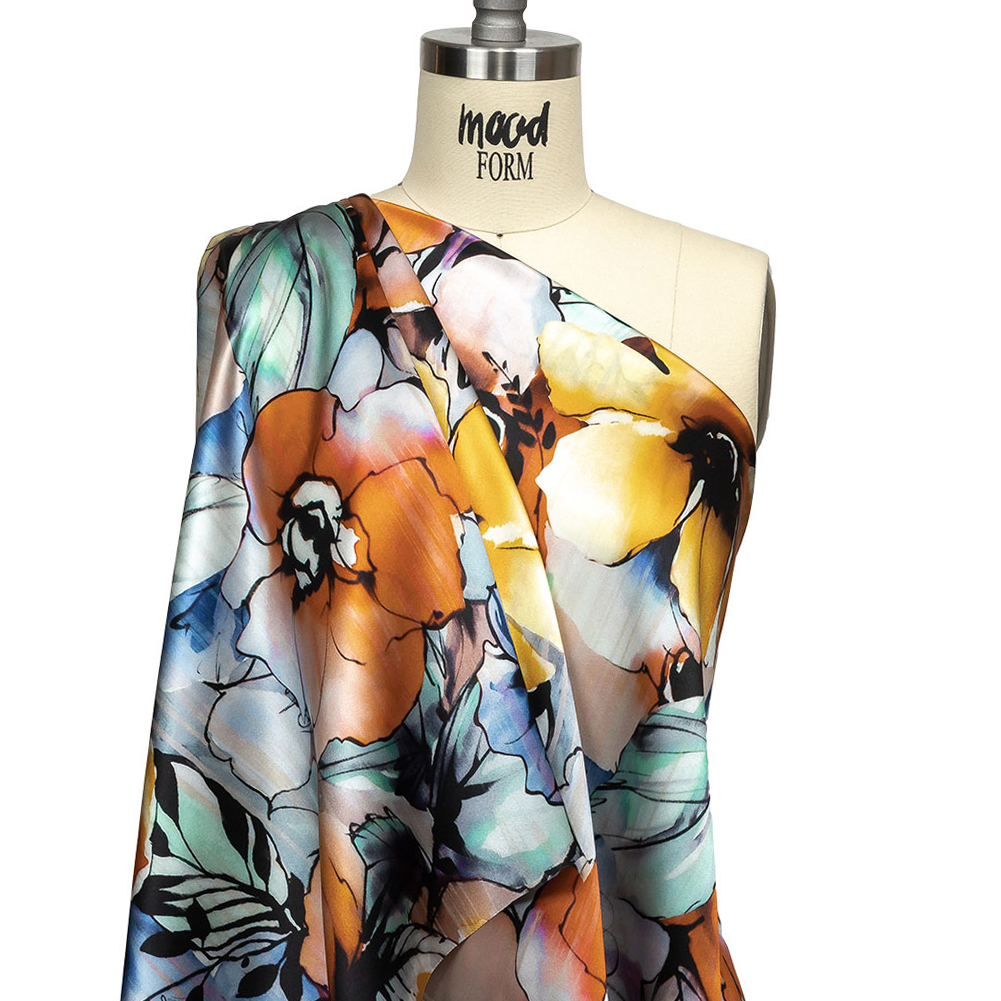 Mood Exclusive Italian Blue Gray, Harvest Pumpkin and Yellow Outlined Florals Silk Charmeuse Mood Exclusive Italian Blue Gray, Harvest Pumpkin and Yellow Outlined Florals Silk Charmeuse