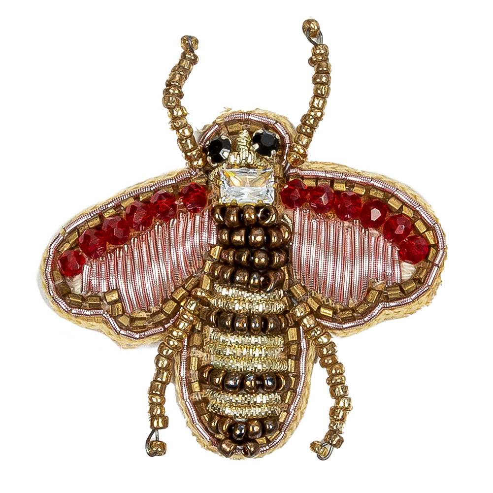 Gold and Prism Pink Bee Rhinestone and Glass Beaded Applique - 2" X 1.875"