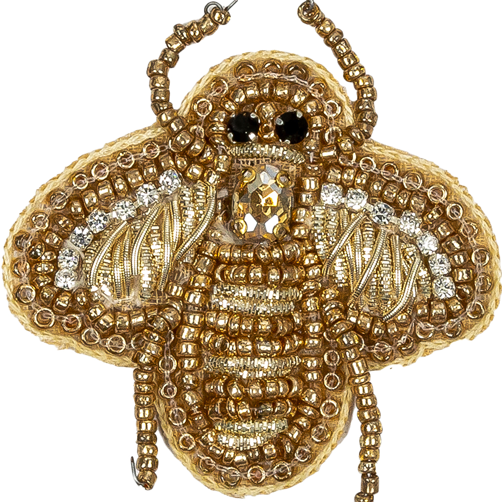 Gold Bee Rhinestone and Glass Beaded Applique - 2" X 1.875"