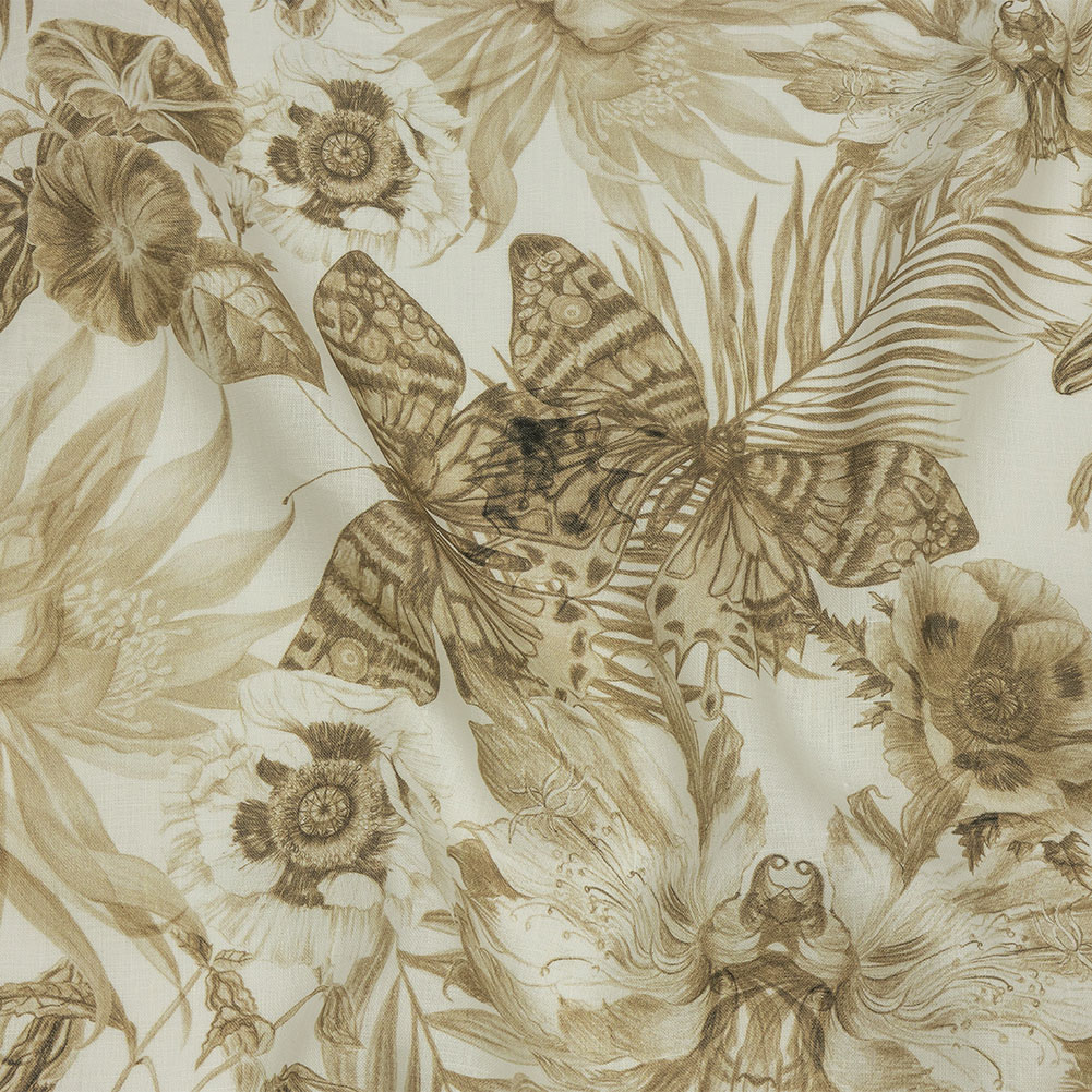 Dark Beige and White Butterfly Garden Medium Weight Linen Woven Dark Beige and White Butterfly Garden Medium Weight Linen Woven