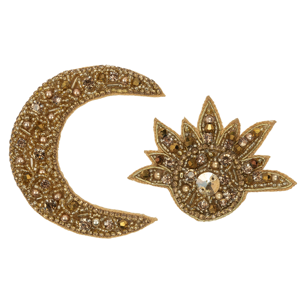 Gold Sun and Crescent Moon Rhinestones and Glass Beaded Applique Gold Sun and Crescent Moon Rhinestones and Glass Beaded Applique