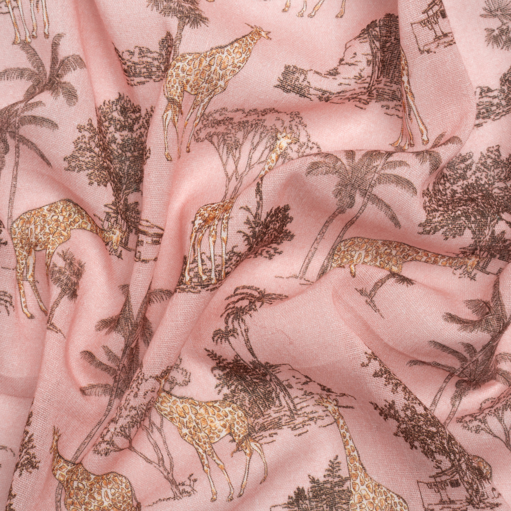 Cotton Gauze – Pink Giraffes and Palm Trees – Mood Exclusive Nairobi Neighbors Print Cotton Gauze – Pink Giraffes and Palm Trees – Mood Exclusive Nairobi Neighbors Print