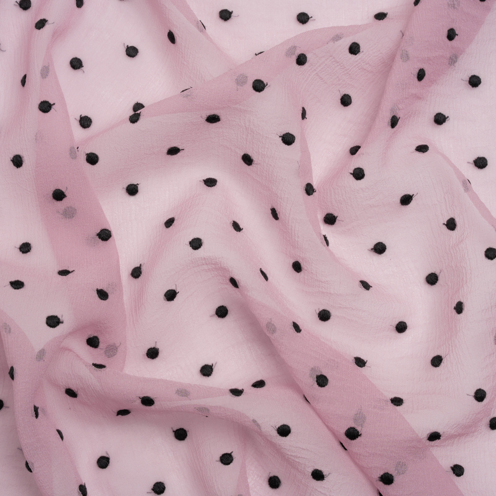 Famous Australian Designer Lilac and Black Embroidered Polka Dots Crinkled Silk Georgette Famous Australian Designer Lilac and Black Embroidered Polka Dots Crinkled Silk Georgette