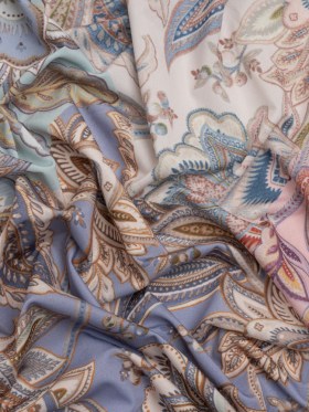 Famous Australian Designer Pink, Periwinkle and Mint Patchwork Paisley Stretch Polyester Jersey Famous Australian Designer Pink, Periwinkle and Mint Patchwork Paisley Stretch Polyester Jersey