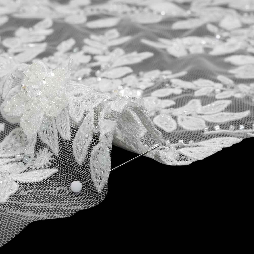 Embroidered 3D Lace with Beads and Sequins - White Floral Vines