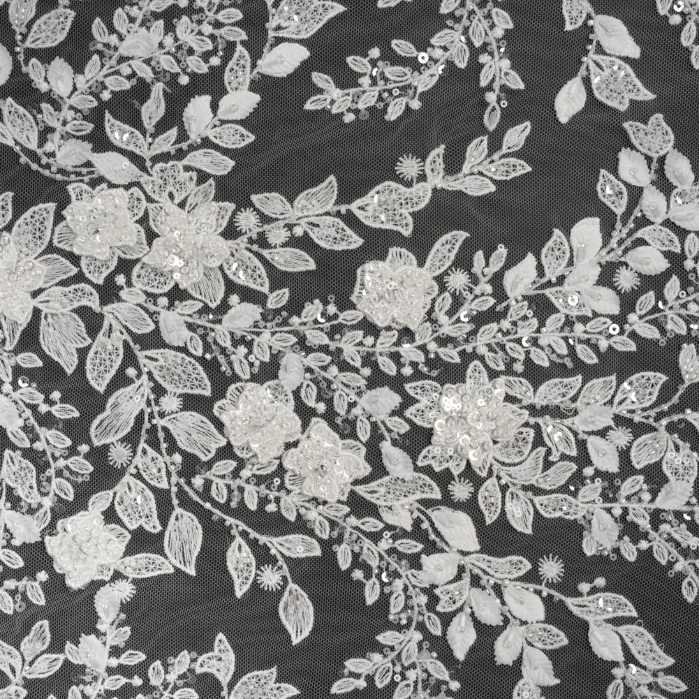 Embroidered 3D Lace with Beads and Sequins – White Floral Vines Embroidered 3D Lace with Beads and Sequins – White Floral Vines