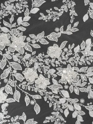 Embroidered 3D Lace with Beads and Sequins – White Floral Vines Embroidered 3D Lace with Beads and Sequins – White Floral Vines