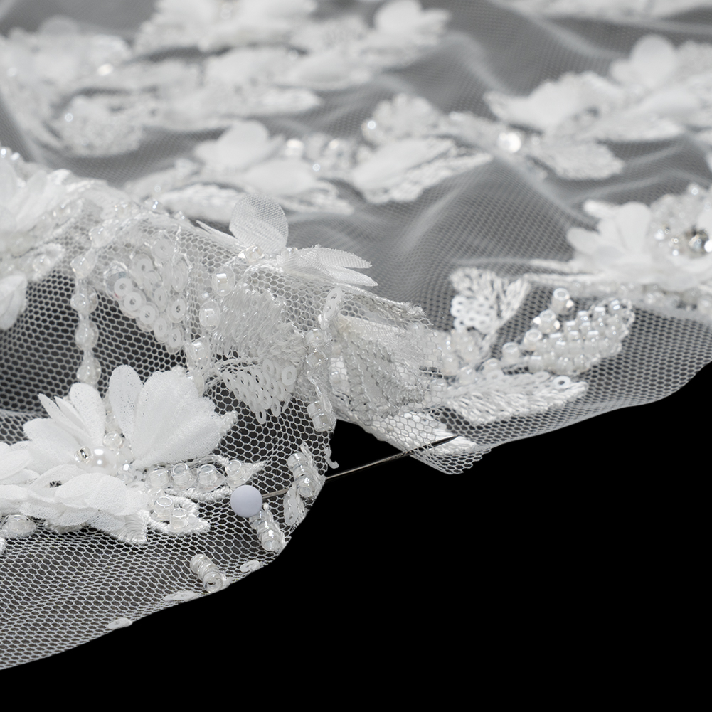 Beaded and Sequined Embroidered Lace with 3D Fabric Flowers - White Floral Vines