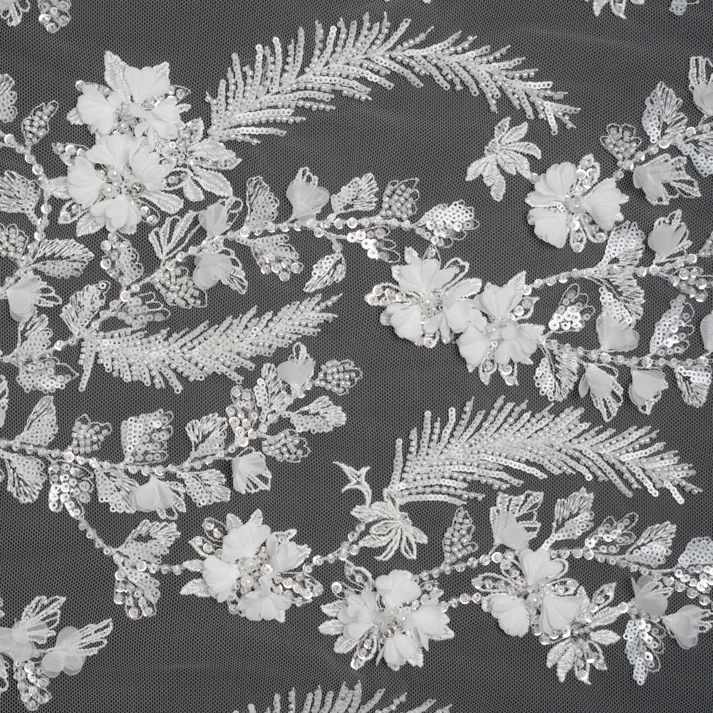 Beaded and Sequined Embroidered Lace with 3D Fabric Flowers – White Floral Vines Beaded and Sequined Embroidered Lace with 3D Fabric Flowers – White Floral Vines