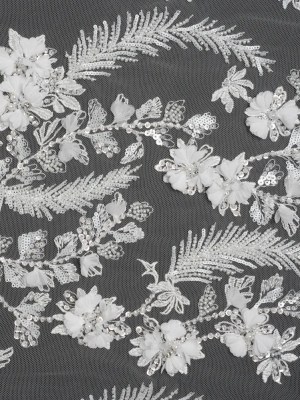 Beaded and Sequined Embroidered Lace with 3D Fabric Flowers – White Floral Vines Beaded and Sequined Embroidered Lace with 3D Fabric Flowers – White Floral Vines