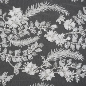 Beaded and Sequined Embroidered Lace with 3D Fabric Flowers – White Floral Vines Beaded and Sequined Embroidered Lace with 3D Fabric Flowers – White Floral Vines