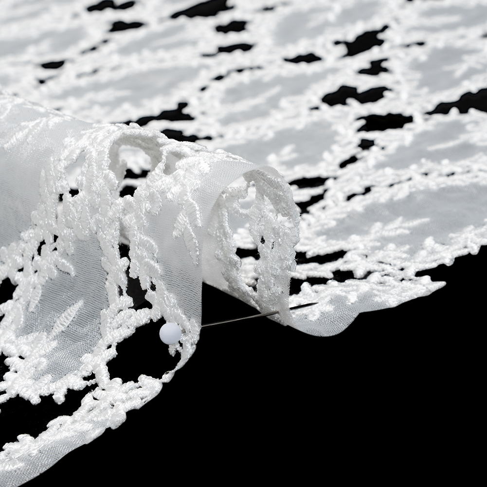 Burnout Embroidered Lace with Finished Edges - White Leafy Lines