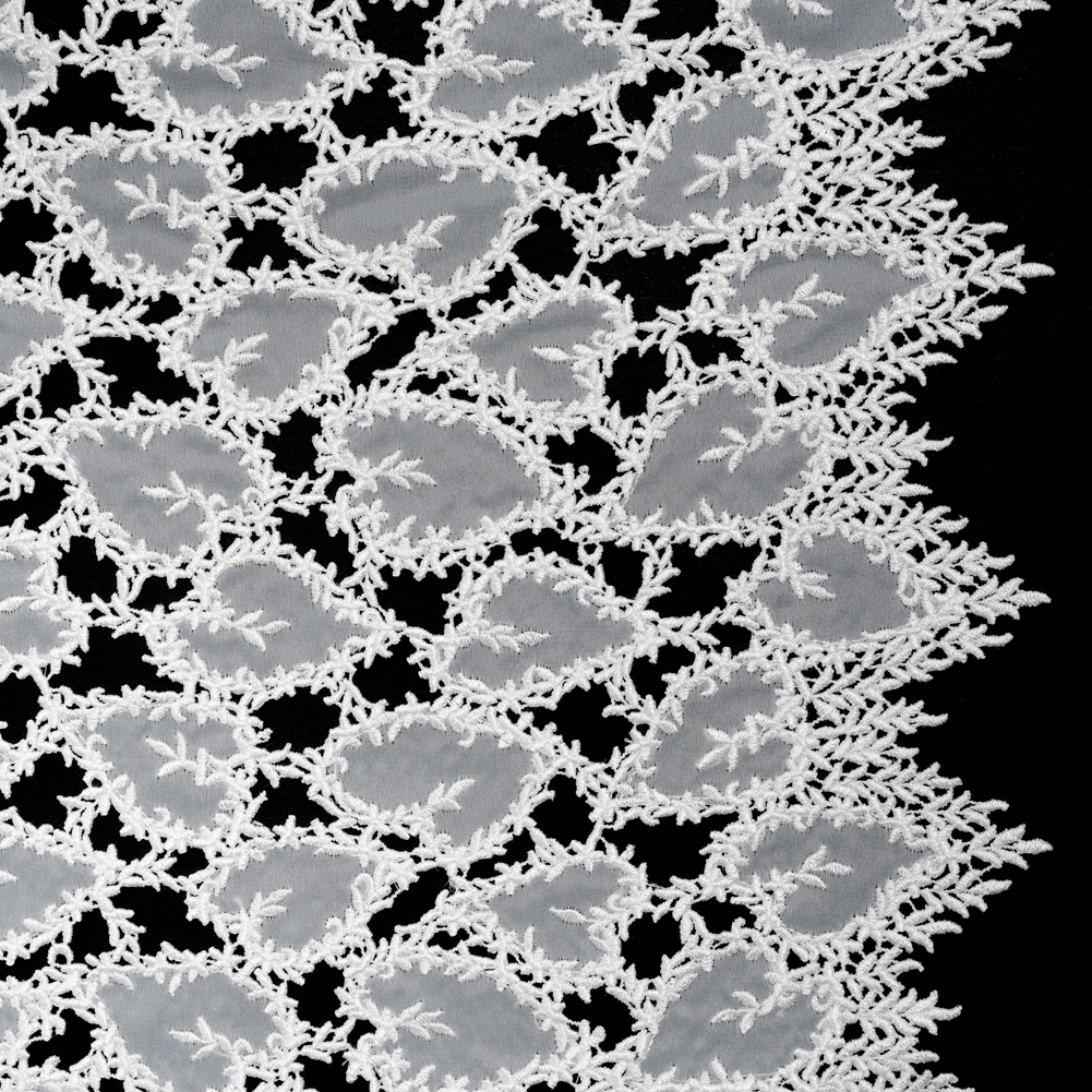 Burnout Embroidered Lace with Finished Edges – White Leafy Lines Burnout Embroidered Lace with Finished Edges – White Leafy Lines