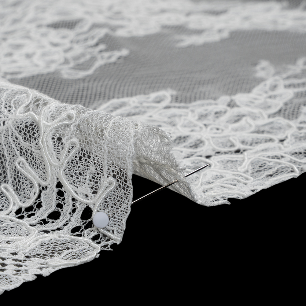Corded Chantilly Lace with Finished Edges - Ivory Tropical Leaves and Flowers