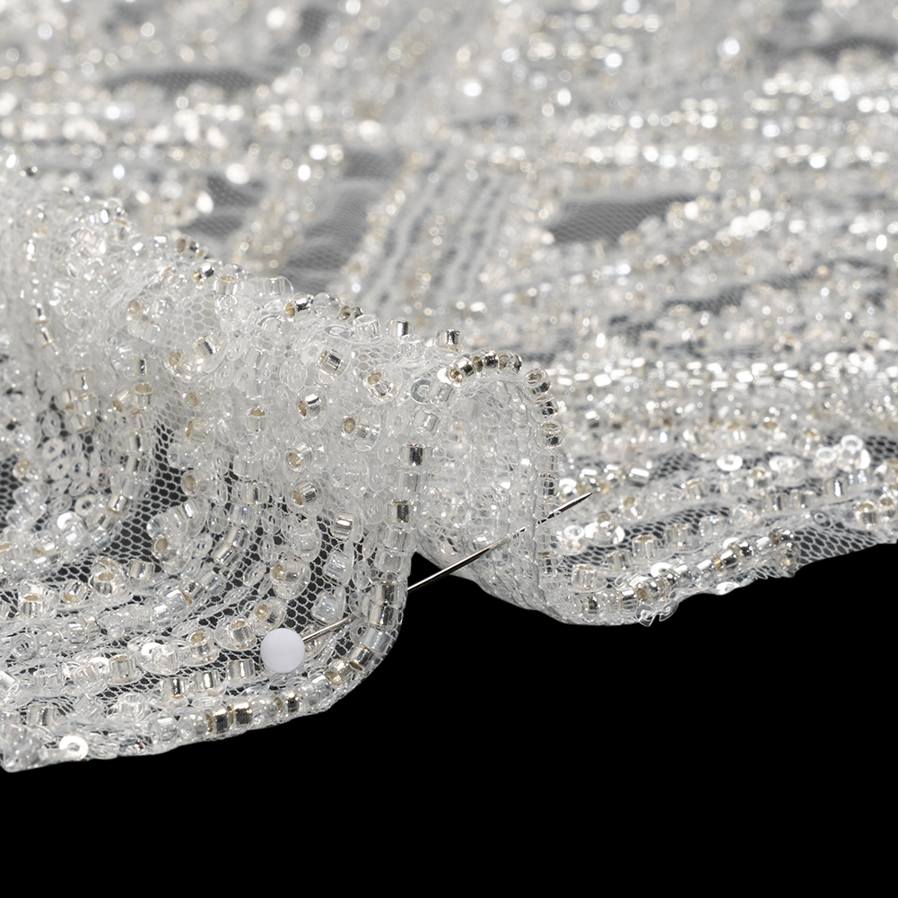 Beaded and Sequined Lace - White and Silver Geometric
