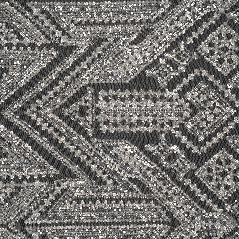 Beaded and Sequined Lace – White and Silver Geometric Beaded and Sequined Lace – White and Silver Geometric
