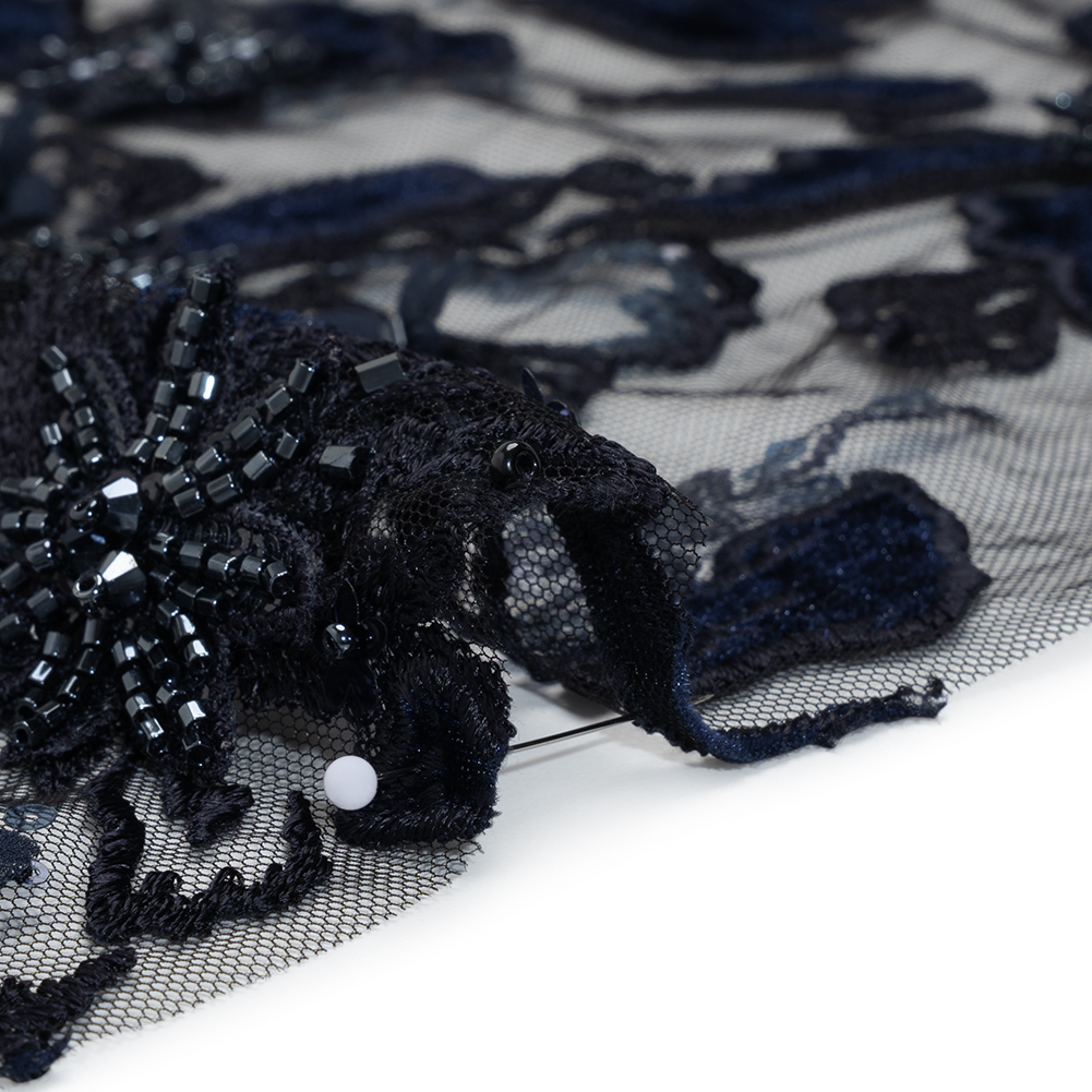 Embroidered 3D Lace with Beading and Velvet Applique - Navy Blue Floral