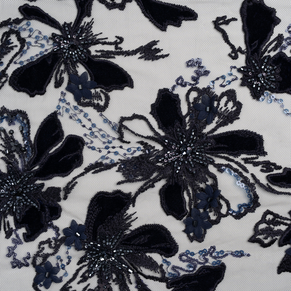 Embroidered 3D Lace with Beading and Velvet Applique – Navy Blue Floral Embroidered 3D Lace with Beading and Velvet Applique – Navy Blue Floral